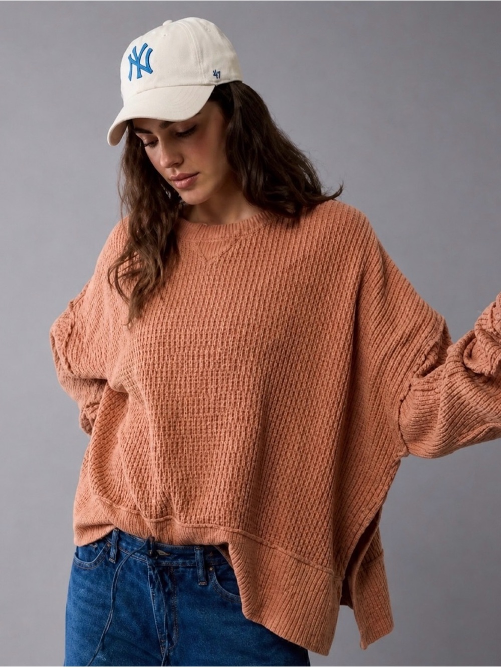 American Eagle Copper Boyfriend Boxy Chunky Waffle Crewneck Oversized Pullover